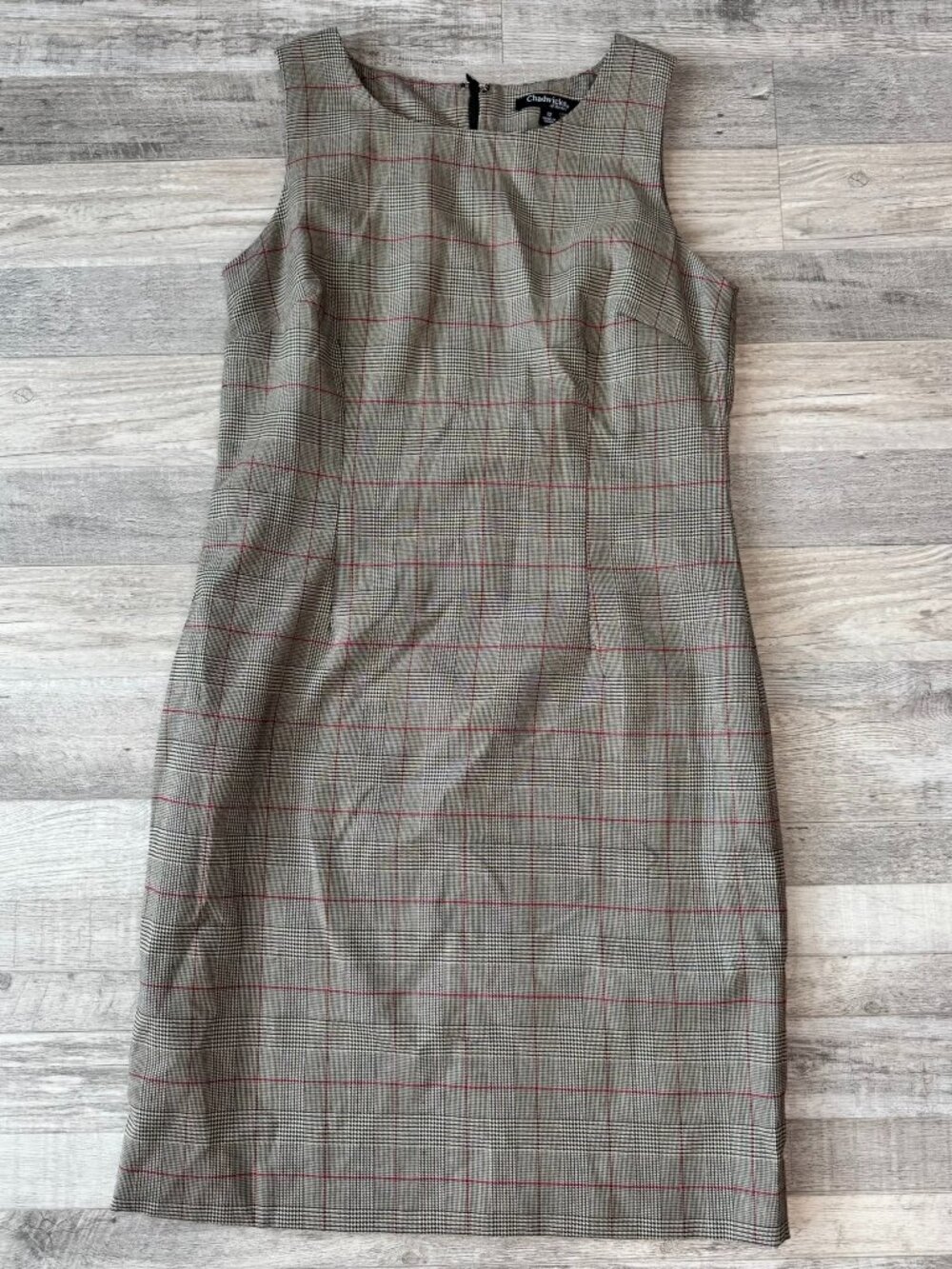 Chadwicks Of Boston black tan plaid sleeveless sheath dress size 12 E22